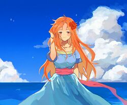  artistic_error blue_dress blush chinese_commentary commentary day dress female flower hair_flower hair_ornament hand_up long_hair looking_at_viewer marin_(zelda) orange_hair outdoors red_eyes short_sleeves smile solo standing the_legend_of_zelda the_legend_of_zelda:_link&#039;s_awakening very_long_hair water xian_yadan 