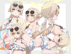  bad_id bad_pixiv_id bag bikini blonde_hair blue_archive blush clenched_teeth collarbone eyewear_on_head female frilled_bikini frills hair_ribbon halo hifumi_(blue_archive) hifumi_(swimsuit)_(blue_archive) highres icehotmilktea long_hair low_twintails multiple_views official_alternate_costume ribbon sunglasses swimsuit teeth twintails white_bikini white_ribbon yellow_eyes 