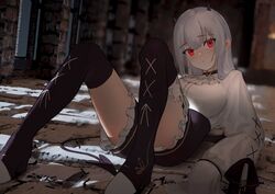  choker demon_horns female frills grey_hair hair_between_eyes hakase_fuyuki hakase_fuyuki_(3rd_costume) highres horns long_hair long_sleeves looking_at_viewer naiyo_(crude_noo) nijisanji red_eyes shorts sitting solo thighhighs very_long_sleeves virtual_youtuber 