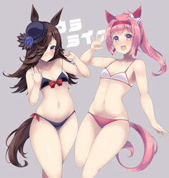  2022 2girls akikaze_tsumuji animal_ears bikini blush breasts brown_hair closed_mouth commentary_request flat_chest hair_over_one_eye haru_urara_(umamusume) horse_ears horse_girl horse_tail long_hair looking_at_viewer multiple_girls navel open_mouth pink_hair purple_eyes rice_shower_(umamusume) small_breasts standing swimsuit tail umamusume upper_body 