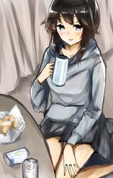  beer_can black_hair can commentary_request drink_can female glass grey_eyes grey_skirt grey_sweater hayasui_(kancolle) highres hood hooded_sweater hoodie kantai_collection kazu_(really_in_hot_water_now) official_alternate_costume pleated_skirt short_hair skirt solo stable sweater 