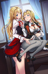  2girls absurdres ansaldo_(warship_girls_r) blonde_hair blue_eyes canarias_(warship_girls_r) highres lolipantherwww long_hair multiple_girls pantyhose warship_girls_r yuri 