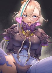  :d absurdres aqua_hair asymmetrical_clothes black_background breasts covered_navel curecycadura dutch_angle fate/grand_order fate_(series) female gloves grey_hair hair_between_eyes heart highres huyan_zhuo_(fate) huyan_zhuo_(second_ascension)_(fate) large_breasts long_hair looking_at_viewer multicolored_hair open_mouth purple_eyes single_pantsleg single_thighhigh sitting smile solo streaked_hair thighhighs 