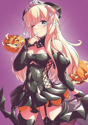  arthur_ko black_dress black_gloves black_thighhighs blonde_hair blue_eyes breasts cosplay covered_navel double_bun dress female fletcher_(kancolle) gloves hair_bun hair_ornament halloween_costume highres jack-o&#039;-lantern johnston_(halloween_mode)_(kancolle) johnston_(kancolle) johnston_(kancolle)_(cosplay) kantai_collection long_hair medium_breasts one_eye_closed short_dress single_glove solo star_(symbol) star_hair_ornament thighhighs vampire_costume 