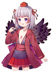  black_wings brown_jacket commentary_request cowboy_shot cropped_legs feathered_wings female grey_hair hair_ribbon hand_up hat holding indie_virtual_youtuber jacket karakusa_(pattern) long_sleeves meito_(maze) mini_hat multicolored_hair obi open_clothes open_jacket open_mouth pleated_skirt purple_eyes red_hair red_hat red_ribbon red_skirt ribbon sash seigaiha senba_kurono simple_background skirt sleeves_past_wrists solo streaked_hair tokin_hat virtual_youtuber white_background wings 