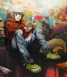  1boy alternate_costume aoki_(fumomo) brown_eyes brown_hair card denim earphones elemental_hero_neos graffiti green_footwear grey_headwear hair_between_eyes hat holding holding_card jacket jeans kuriboh long_sleeves looking_at_viewer male_focus pants parted_lips pharaoh_(cat) red_jacket shoes sitting sneakers spiked_hair torn_clothes yu-gi-oh! yu-gi-oh!_gx yuki_judai 