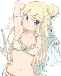  armpits black_eyes blonde_hair bra commentary female hair_bun hair_ornament highres hiroki_(yyqw7151) kin-iro_mosaic kujou_karen long_hair navel panties single_hair_bun solo underwear underwear_only undressing upper_body white_background x_hair_ornament 