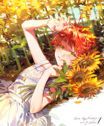  ahoge arm_up bare_shoulders character_name commentary_request dated day dress emma_(yakusoku_no_neverland) english_text female flower green_eyes hand_on_own_chest happy_birthday highres light lips looking_at_viewer lying on_back orange_hair outdoors parted_lips shading_eyes short_hair sleeveless sleeveless_dress smile solo sunflower sunlight upper_body white_dress yakusoku_no_neverland yala1453 yellow_flower 