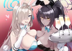  2girls animal_ears asuna_(blue_archive) asuna_(bunny)_(blue_archive) bare_shoulders black_hair black_leotard blue_archive blue_eyes blue_leotard blush bow bowtie breasts cleavage cup dark-skinned_female dark_skin detached_collar drinking_glass elbow_gloves fake_animal_ears gloves hair_over_one_eye halo highres karin_(blue_archive) karin_(bunny)_(blue_archive) large_breasts leotard light_brown_hair long_hair looking_at_viewer mku mole mole_on_breast multiple_girls official_alternate_costume open_mouth playboy_bunny ponytail rabbit_ears sidelocks smile strapless strapless_leotard traditional_bowtie tray white_gloves yellow_eyes 