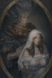  1boy brother_and_sister brown_hair commentary crown curly_hair dark_souls_(series) dark_souls_i dark_souls_iii female grey_hair highres jewelry letthechipsail lips long_hair nameless_king portrait queen_of_sunlight_gwynevere siblings symbol-only_commentary veil 