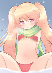  bare_arms bare_shoulders bikini blonde_hair blush breath closed_mouth commentary_request female green_scarf hair_between_eyes highres iris_mysteria! ladis_(iris_mysteria!) long_hair navel purple_eyes red_bikini scarf sitting smile snow snowing solo spread_legs swimsuit twintails very_long_hair yuu_(yumezakura) 