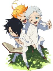  2boys ;d ahoge bad_id bad_pixiv_id black_eyes black_hair blue_eyes book boots brown_footwear closed_eyes collared_shirt commentary emma_(yakusoku_no_neverland) female from_above grass hair_over_one_eye highres holding holding_book holding_hands light long_sleeves looking_at_another multiple_boys norman_(yakusoku_no_neverland) one_eye_closed open_mouth orange_hair oushimaru outdoors pants ray_(yakusoku_no_neverland) shirt shoes short_hair simple_background smile teeth thick_eyebrows white_background white_hair white_pants white_shirt yakusoku_no_neverland 