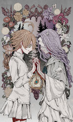  2girls absurdres ahoge basket bread button_eyes buttons commentary_request dress emma_(yakusoku_no_neverland) emphasis_lines flower flower_request food gradient_sky green_eyes grey_background grey_sky highres holding holding_jewelry holding_necklace horns identity_v jewelry layered_dress long_hair long_sleeves looking_at_another mask mirror multiple_girls musica_(yakusoku_no_neverland) necklace orange_hair pine_tree profile purple_flower purple_hair purple_sky red_flower reflection shirt short_hair simple_background skirt sky smile tree upper_body white_dress white_flower white_shirt white_skirt yakusoku_no_neverland yellow_flower yuko_(foret_noire) 