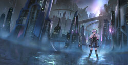  bare_shoulders black_gloves black_jacket black_shirt black_thighhighs blue_skirt breasts building city commentary_request day denki female fingerless_gloves gloves grey_hair headphones jacket long_hair long_sleeves looking_at_viewer low_twintails off_shoulder open_clothes open_jacket original outdoors red_eyes science_fiction shallow_water shirt skirt sleeveless sleeveless_shirt sleeves_past_wrists small_breasts solo standing thighhighs twintails wading water wide_sleeves 