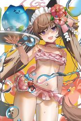  animal_ears bikini blue_archive blush breasts brown_hair female flower food frilled_bikini frills geki_dan hair_flower hair_ornament halo highres holding kanzashi long_hair looking_at_viewer maid_headdress official_alternate_costume open_mouth pink_bikini purple_eyes ribbon shaved_ice shizuko_(blue_archive) shizuko_(swimsuit)_(blue_archive) small_breasts smile solo swimsuit twintails very_long_hair 