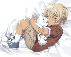  1boy :3 aged_down amuro_tooru animal bandaid bandaid_on_cheek bandaid_on_face bandaid_on_knee bandaid_on_leg blonde_hair blue_footwear brown_shorts canine closed_eyes closed_mouth commentary dreaming182 from_side full_body hair_between_eyes haro_(meitantei_conan) hug lolicon lying male_focus meitantei_conan on_side parted_lips red_shirt shirt shoes short_hair short_sleeves shorts sleeping sneakers socks white_dog white_socks 