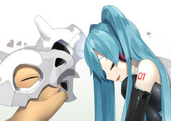  bare_shoulders black_gloves closed_eyes commentary crossover cubone elbow_gloves eyelashes female from_side gloves grey_shirt hatsune_miku heart highres holding long_hair number_tattoo open_mouth pokemon pokemon_(creature) reirou_(chokoonnpu) shirt skull smile symbol-only_commentary tattoo tongue vocaloid 