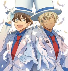  2boys :d ;) amuro_tooru arm_up blonde_hair blue_eyes blue_shirt brown_hair cape closed_mouth collared_shirt commentary_request cosplay dreaming182 dress_shirt falling_feathers feathers formal gloves hair_between_eyes hand_on_headwear happy hat jacket kaitou_kid kaitou_kid_(cosplay) long_sleeves looking_at_viewer magic_kaito male_focus matching_outfits meitantei_conan monocle monocle_chain multiple_boys necktie one_eye_closed open_mouth outstretched_hand red_necktie shirt short_hair side-by-side signature simple_background smile sparkle suit teeth top_hat upper_body upper_teeth_only white_background white_cape white_feathers white_gloves white_headwear white_jacket white_suit 