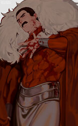  1boy absurdres black_hair blood blood_on_clothes blood_on_face blood_on_hands bodysuit cape commentary covered_abs crystallakec english_commentary facial_hair fur-trimmed_cape fur_trim highres invincible_(series) large_pectorals looking_at_viewer male_focus mature_male moustache muscular muscular_male pectorals red_bodysuit red_cape short_hair solo thick_mustache thragg_(invincible) two-tone_bodysuit white_bodysuit 