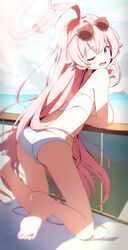  absurdly_long_hair absurdres ahoge arm_support bare_arms bare_legs bare_shoulders barefoot bikini blue_archive blue_eyes blush crossed_bangs eyewear_on_head feet female from_behind halo highres hoshino_(blue_archive) hoshino_(swimsuit)_(blue_archive) kneeling leaning_forward liyom long_hair looking_at_viewer looking_back official_alternate_costume one_eye_closed open_mouth soles solo sunglasses swimsuit thighs toes very_long_hair white_bikini 