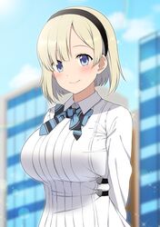  absurdres arms_behind_back black_headband blue_eyes blush breasts closed_mouth commentary_request female headband highres idolmaster idolmaster_starlit_season large_breasts looking_at_viewer neck_ribbon okuzora_kohaku platinum_blonde_hair ribbon school_uniform shirt short_hair smile solo standing striped striped_ribbon upper_body white_shirt yue_(show-ei) 