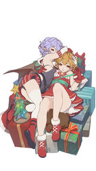  2girls ass atk7 bad_id bad_pixiv_id bare_shoulders bat_wings bell belt black_leotard blonde_hair blue_hair boots bow bowtie bra_strap chinese_commentary christmas_lights christmas_ornaments christmas_tree commentary dress elbow_gloves fur-trimmed_boots fur_trim gift gloves hair_between_eyes hand_on_another&#039;s_face hand_on_another&#039;s_head highres jingle_bell knee_up leotard looking_at_viewer looking_back lying multiple_girls on_back original pointy_ears red_bow red_dress red_eyes red_footwear red_gloves red_ribbon red_skirt ribbon short_hair simple_background skirt slit_pupils striped_bow striped_clothes striped_skirt stuffed_animal stuffed_toy teddy_bear thick_eyebrows thighhighs white_background white_gloves white_legwear wings 