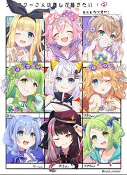  6+girls :d ;p ^_^ ahoge arm_up bare_shoulders black_bow black_dress black_hair blonde_hair blue_bow blue_dress blue_eyes blue_flower blue_hair blush bow braid breasts brown_dress brown_hair brown_headwear brown_jacket cleavage cleavage_cutout closed_eyes closed_mouth clothing_cutout coke-bottle_glasses collarbone commentary_request crescent drawstring dress earrings facial_mark facing_viewer flower glasses gloves green_bow green_eyes green_gloves green_hair grey_hair grin hair_between_eyes hair_bun hair_flower hair_ornament hairbow hairclip hand_on_headwear hand_up hat heart heart_cutout heart_hands highres holding holding_flower holding_removed_eyewear hood hooded_jacket jacket jewelry kaguya_luna long_sleeves looking_at_viewer medium_breasts mini_hat mononobe_alice morinaka_kazaki multicolored_hair multiple_girls nekomitei nijisanji one_eye_closed open_clothes open_jacket open_mouth otogibara_era peaked_cap pennant pink_flower pink_hair pink_jacket pink_shirt polka_dot polka_dot_dress polka_dot_headwear puffy_short_sleeves puffy_sleeves purple_flower purple_sailor_collar red_eyes red_hair sailor_collar school_uniform serafuku shirt short_sleeves single_hair_bun single_side_bun sleeveless sleeveless_dress sleeves_past_wrists smile star_(symbol) streaked_hair string_of_flags striped striped_bow teeth the_moon_studio tilted_headwear tongue tongue_out translated twin_braids twintails two-tone_hair unworn_eyewear upper_teeth_only ushimi_ichigo ushimi_ichigo_(2nd_costume) v-shaped_eyebrows virtual_youtuber white_gloves white_hair white_sailor_collar white_shirt yaguruma_rine yellow_flower yorumi_rena yorumi_rena_(2nd_costume) yuuki_chihiro yuuki_chihiro_(8th_costume) 