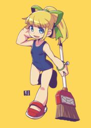  :d arm_behind_head bare_arms bare_shoulders blonde_hair blue_eyes blue_one-piece_swimsuit blush breasts broom collarbone commentary_request female full_body green_ribbons hair_ribbon hand_up holding holding_broom looking_at_viewer mawaru_(mawaru) mega_man_(classic) mega_man_(series) old_school_swimsuit one-piece_swimsuit ponytail red_footwear ribbon roll_(mega_man) school_swimsuit shoes simple_background small_breasts smile solo standing standing_on_one_leg swimsuit yellow_background 