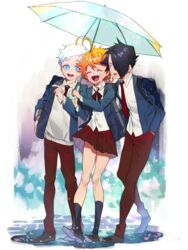  2boys ahoge aqua_eyes backpack bad_id bad_pixiv_id bag black_eyes black_hair black_socks blue_eyes blue_jacket brown_footwear checkered_clothes checkered_necktie closed_eyes collared_shirt commentary emma_(yakusoku_no_neverland) facing_viewer female full_body hair_over_one_eye hands_in_pockets highres holding holding_umbrella jacket kneehighs long_sleeves looking_at_viewer multiple_boys neck_ribbon necktie norman_(yakusoku_no_neverland) open_mouth orange_hair oushimaru outdoors pants pointing puddle ray_(yakusoku_no_neverland) red_necktie red_pants red_ribbon red_skirt ribbon school_uniform shared_umbrella shirt shoes short_hair simple_background skirt smile socks talking thick_eyebrows umbrella uniform walking white_hair white_shirt yakusoku_no_neverland 