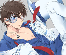  1boy blue_eyes blue_shirt brown_hair buttons collarbone collared_shirt commentary dreaming182 dress_shirt formal gloves grey_background hair_between_eyes hat highres jacket kaitou_kid long_sleeves looking_at_viewer magic_kaito male_focus meitantei_conan monocle monocle_chain necktie open_clothes open_jacket open_mouth pants partially_unbuttoned pectoral_cleavage pectorals red_necktie shirt short_hair simple_background solo suit top_hat undone_necktie unworn_hat unworn_headwear white_gloves white_hat white_jacket white_pants white_suit 