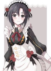  :3 alternate_costume antenna_hair apron bad_id bad_twitter_id black_dress black_hair black_ribbon blush closed_mouth corset dress enmaided female flower grey_background grey_eyes hair_between_eyes hair_flower hair_ornament hd_(sw4189101) highres idolmaster kikuchi_makoto lace long_sleeves looking_at_viewer maid maid_apron maid_headdress puffy_sleeves red_flower red_rose ribbon rose short_hair smile solo waist_apron white_apron white_flower 