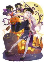  :d absurdres alternate_costume bare_shoulders bat_(animal) black_footwear black_headwear blue_dress candy commentary_request cookie detached_sleeves dress female food full_body full_moon grey_hair halloween_bucket highres holding hololive jack-o&#039;-lantern jiangshi_costume lollipop long_hair long_sleeves moon murasaki_shion ofuda open_mouth pantyhose round_eyewear shima46 shiokko_(murasaki_shion) shoes short_eyebrows sleeves_past_fingers sleeves_past_wrists smile solo standing standing_on_one_leg swirl_lollipop teeth tombstone twintails upper_teeth_only v-shaped_eyebrows virtual_youtuber white_pantyhose wide_sleeves 