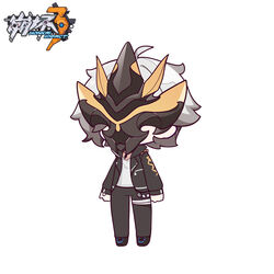  1boy ahoge black_footwear black_jacket black_pants chibi commentary_request copyright_name eta facing_viewer full_body grey_hair honkai_(series) honkai_impact_3rd jacket kalpas_(honkai_impact) long_sleeves male_focus mask open_clothes open_jacket pants shirt shoes simple_background sleeves_past_wrists solo standing white_background white_shirt 