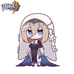  aponia_(honkai_impact) black_dress blue_eyes blue_wings blush_stickers brown_hair chibi closed_mouth commentary_request copyright_name dress eta eyebrows_hidden_by_hair female full_body hair_between_eyes honkai_(series) honkai_impact_3rd long_sleeves looking_at_viewer mole mole_under_eye pelvic_curtain puffy_long_sleeves puffy_sleeves simple_background smile socks solo standing veil white_background white_socks wings 