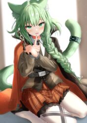  :d absurdres animal_ears arknights belt black_footwear black_necktie blush braid cape cat_ears cat_girl cat_tail female green_eyes green_hair harmonie_(arknights) harmonie_(invitation)_(arknights) high_heels highres holding holding_wand infection_monitor_(arknights) long_hair long_sleeves looking_at_viewer miniskirt necktie official_alternate_costume open_mouth pantyhose plaid plaid_skirt pleated_skirt red_cape single_braid skirt smile solo sora_mame_(princess_0sora) tail very_long_hair wand white_pantyhose 