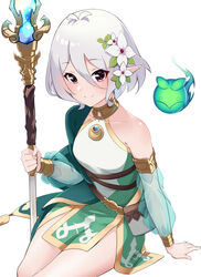  absurdres antenna_hair arm_support bare_shoulders blush breasts closed_mouth collarbone commentary detached_sleeves dress elf feet_out_of_frame female flower gold_trim green_dress hair_between_eyes hair_flower hair_ornament highres holding holding_staff kokkoro_(princess_connect!) looking_at_viewer lotus nano_(nanojyaa) pink_eyes pointy_ears princess_connect! see-through short_hair sitting small_breasts smile solo split_mouth staff white_flower white_hair 