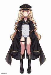  alternate_costume black_footwear black_ribbon blonde_hair boots breasts covered_navel female full_body h_(eitilog) hair_ribbon hat heterochromia highres hoshikawa_sara jacket long_hair looking_at_viewer medium_breasts military_hat military_jacket military_uniform nijisanji old_school_swimsuit one-piece_swimsuit red_eyes ribbon school_swimsuit simple_background smile solo swimsuit tachi-e thigh_strap twintails twitter_username uniform very_long_hair virtual_youtuber white_background white_one-piece_swimsuit yellow_eyes 