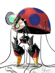  aqua_eyes bad_id bad_pixiv_id cable full_body glowing glowing_eyes liquid looking_away mechanization no_humans orbeetle paper pokemon pokemon_(creature) simple_background solo standing white_background wrench yunimaru 