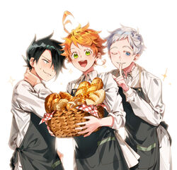  2boys :d ;) ahoge apron bakery basket black_apron black_eyes black_hair blue_eyes blush collared_shirt commentary_request emma_(yakusoku_no_neverland) female food green_eyes hair_over_one_eye hand_on_own_neck holding holding_basket long_sleeves looking_at_another looking_at_viewer multiple_boys neck_tattoo norman_(yakusoku_no_neverland) number_tattoo one_eye_closed open_mouth orange_hair parted_lips ray_(yakusoku_no_neverland) shirt shop short_hair simple_background sleeves_rolled_up smile standing sweat tattoo teeth thick_eyebrows upper_body white_background white_hair white_shirt yakusoku_no_neverland yala1453 