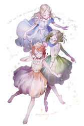  3girls ahoge anna_(yakusoku_no_neverland) arm_up bare_shoulders barefoot blonde_hair blue_dress blush braid closed_eyes closed_mouth commentary_request dress emma_(yakusoku_no_neverland) english_text facing_viewer from_side full_body gilda_(yakusoku_no_neverland) glasses green_dress green_hair hair_between_eyes highres long_hair medium_hair multiple_girls neck_tattoo number_tattoo orange_hair parted_bangs round_eyewear short_hair short_sleeves simple_background skirt_hold sleeveless sleeveless_dress smile sparkle tattoo twin_braids white_background white_dress yakusoku_no_neverland yala1453 