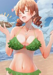  bare_shoulders beach bikini blush braid breasts brown_hair cleavage closed_eyes collarbone emma_verde facing_to_the_side female flower food freckles frilled_bikini frills green_bikini hair_between_eyes hair_flower hair_ornament highres holding holding_food large_breasts love_live! love_live!_nijigasaki_high_school_idol_club low_twintails medium_hair navel outdoors solo stomach swimsuit taiyakippassion twin_braids twintails upper_body yakisoba 