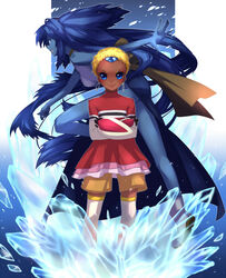  2girls blonde_hair blue_eyes blue_hair blue_skin boots celsius_(tales) chat_(tales) colored_skin commentary_request crossed_arms dark-skinned_female dark_blue_hair dark_skin earrings gem highres ice jewelry long_hair multiple_girls nijigami_rin red_shirt shirt short_hair shorts smile tales_of_(series) tales_of_eternia thigh_boots thighhighs very_short_hair white_legwear 