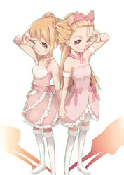  2girls arm_up armband armpits back-to-back bare_shoulders bloomers blunt_bangs blush boots bow choker commentary_request cute_&amp;_girly_(idolmaster) detached_collar detached_sleeves dress drill_hair fingernails flat_chest foreshortening frills fur_trim gathers gradient green_theme grin hairband hairbow high_heels highres holding_hands idolmaster idolmaster_(classic) long_fingernails long_hair looking_at_viewer minase_iori multiple_girls one_eye_closed orange_eyes orange_hair pink_bow pink_eyes ponekusan sash shadow shoes short_dress short_hair simple_background smile snow_strawberry_(idolmaster) standing striped takatsuki_yayoi thigh_boots thighhighs twin_drills twintails underwear v v_over_eye white_legwear zettai_ryouiki 