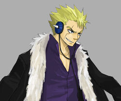  1boy bad_id bad_pixiv_id blonde_hair blue_eyes cloak fairy_tail fur_trim ginger_(niningasi) headphones laxus_dreyar male_focus photoshop_(medium) scar shirt simple_background smirk solo 