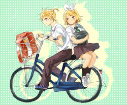  1boy azuki_(aduki) bad_id bad_pixiv_id bag basket bicycle bicycle_basket black_legwear black_pants black_skirt blonde_hair blue_eyes brother_and_sister duffel_bag female green_background hair_ribbon holding holding_bag kagamine_len kagamine_rin legs_together multiple_riders pants pillion pleated_skirt polka_dot polka_dot_background ribbon riding school_bag school_uniform shirt shoes short_hair siblings sidesaddle skirt sneakers socks twins vocaloid white_ribbon white_shirt 