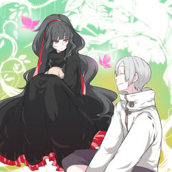  1boy azami_(kagerou_project) black_hair chiyozaka closed_eyes commentary_request female grey_hair highres husband_and_wife indian_style kagerou_project long_hair red_eyes ribbon scales short_hair sitting slit_pupils smile tsukihiko_(kagerou_project) very_long_hair 