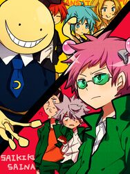  6+boys 6boys :q ? akabane_karma ansatsu_kyoushitsu antenna antennae black_eyes blonde_hair blue_eyes blue_hair closed_eyes facial_hair female glasses green_eyes grey_hair hair_over_one_eye hat irina_jelavic kaidou_shun koro-sensei licking_lips long_hair moustache multiple_boys necktie nendou_riki open_mouth pants pink_hair red_hair saiki_kusuo saiki_kusuo_no_psi_nan school_uniform shiota_nagisa short_hair smile tentacle tongue tongue_out vest 