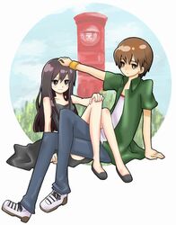  1boy bad_source blue_eyes brown_hair denim female full_body japanese_cylindrical_postbox japanese_postal_mark jeans kajiro_miyako long_hair pants postbox_(outgoing_mail) sasakura_towa shoes short_sleeves simple_background siren_(series) siren_1 sneakers suda_kyouya tank_top white_background 