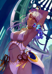  arm_up armpits bare_shoulders bikini blush bracelet breasts cleavage commentary_request dark-skinned_female dark_skin female flower headband jewelry large_breasts long_hair looking_at_viewer navel nemeko original red_eyes silver_hair smile swimsuit 