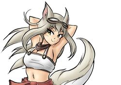  animal animal_ears breasts cat_ears cleavage female fox fox_ears fox_tail highres large_breasts lily_the_mechanic long_hair looking_at_viewer lost_pause pixeycube1987 self-upload simple_background smile solo tail white_background 